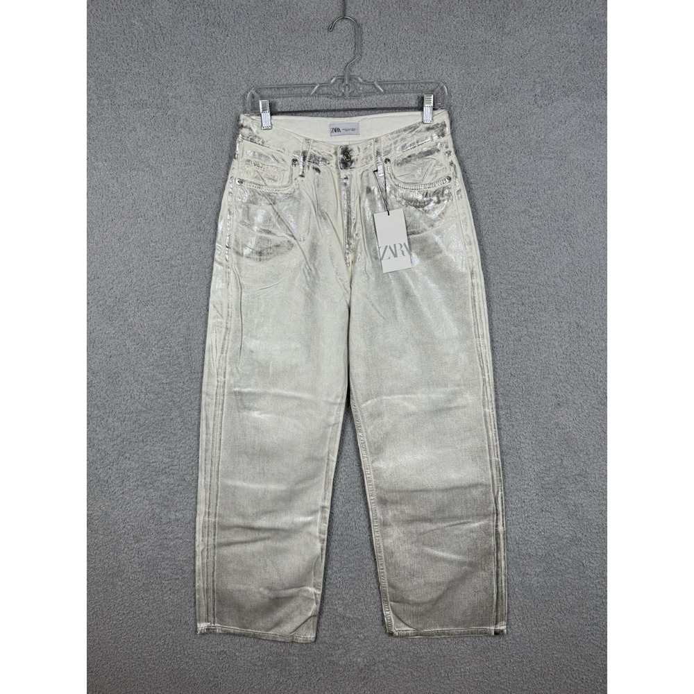 Zara Silver Metallic Coated Straight Leg Jeans Womens Size 6 EUR 38 NWT‎